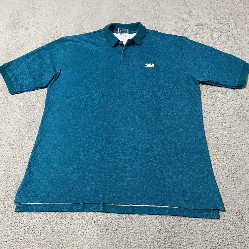 Vintage 3M Company Polo Shirt Pembroke Mens XL Teal Green Blue Paisley USA Made